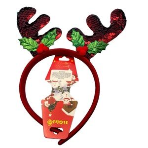 Christmas Red Sequin Reindeer Ears Antler Headband